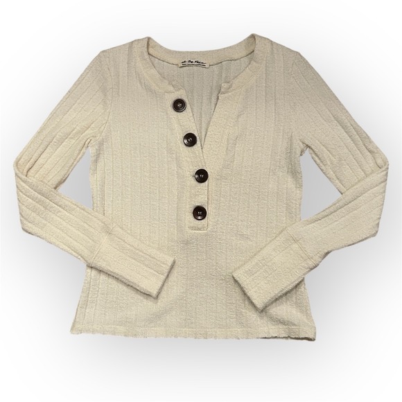 We The Free Oliver Henley Ribbed Knit Minimalist Long Sleeve Neutral Cream Small - Picture 2 of 6